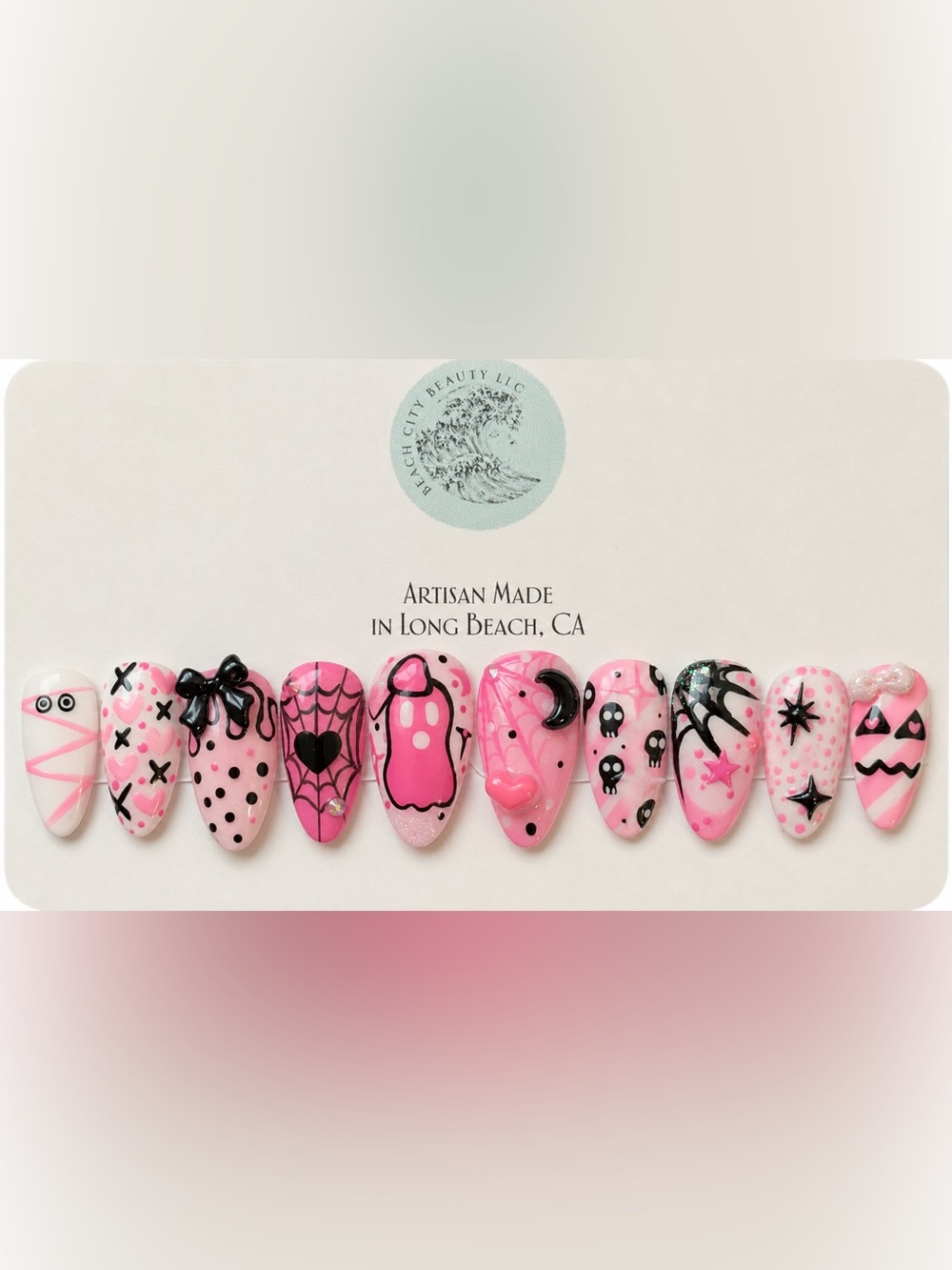 Pink Goth Press On Nails Large Ghost Skull Spiderweb Bow Reusable Gel Set